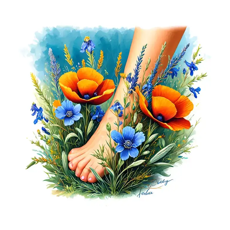 anklet with intertwined delicate california poppy, texas bluebonnet, and nevada sage brush in bloom tattoo design idea