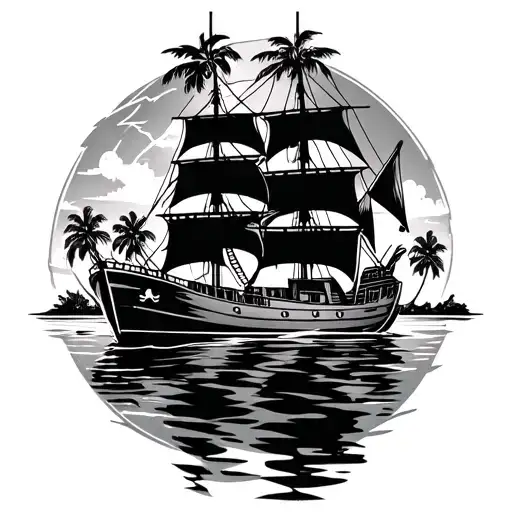 tampa bay buccaneers pirate ship in the water with the tampa bay lightning sticking in the sky. Palm trees in background tattoo design idea