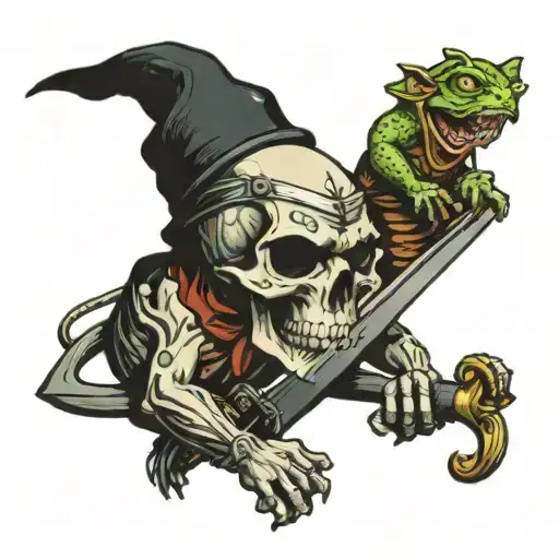 cats skull with a mouse holding a sword sitting on its head. and then a frog holding a sword leaning against the skull   tattoo design idea