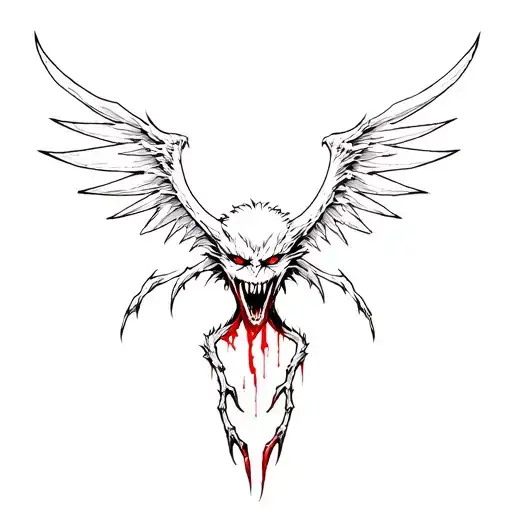 Philippine manananggal with a vicious face, sharp bloody claw and teeth, demonic wings.  tattoo design idea