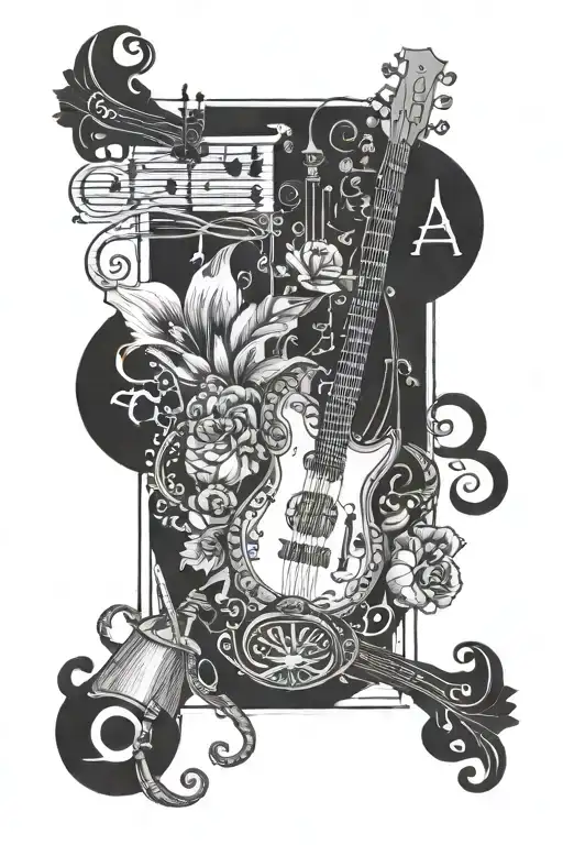 Incorporate Harshita's name in a creative way into a blackwork tattoo design featuring musical instruments and supervisor elements tattoo design idea