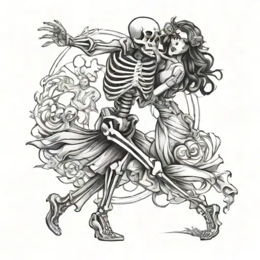 Skeleton man dancing with real women full body tattoo design idea