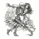 Skeleton man dancing with real women full body tattoo design idea