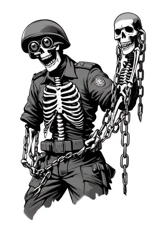 chains holding a dangling skeleton by the hands wearing a military uniform with a helmet that has 4 lens night vision tattoo design idea