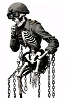 chains holding a dangling skeleton by the hands wearing a military uniform with a helmet that has 4 lens night vision tattoo design idea