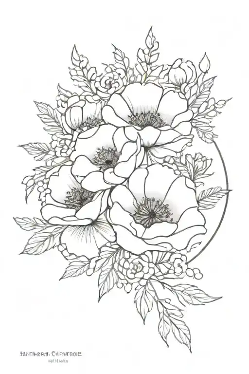 poppy, rose, carnation flower bouquet tattoo design idea