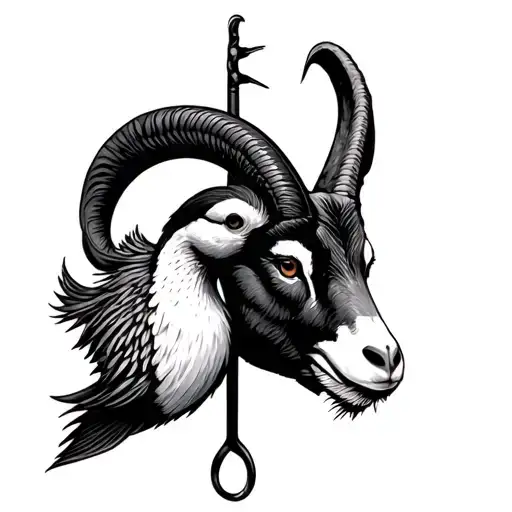 fish hook with a duck and a feral goat head tattoo design idea
