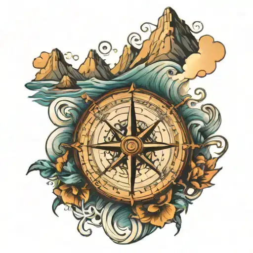 compass with ocean and montains  tattoo design idea