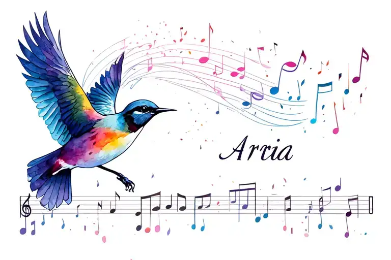 A realism tattoo style image of a songbird flying, with a row of music notes trailing behind it. And the name Aria in am tattoo design idea