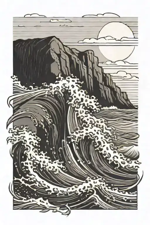 rough waves hitting a cliff with the sun shining over it and an arrow engraved in the side of the cliff tattoo design idea
