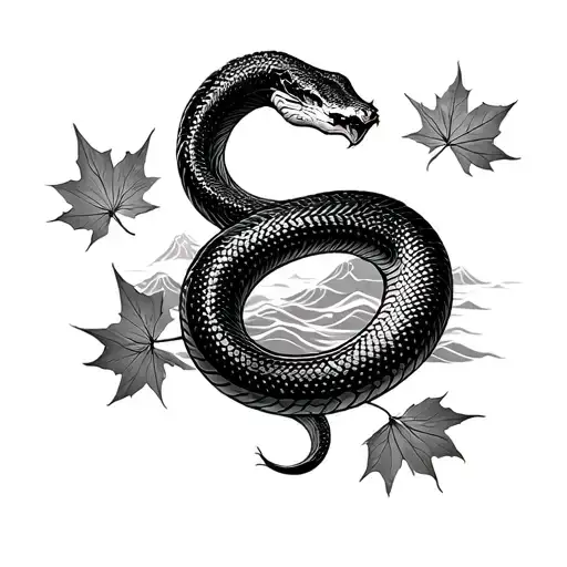 A japanese traditional style tattoo of snake that incorporates maple leaves, and has waves in the background. tattoo design idea