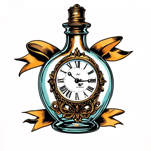 vintage bottle with vintage clock inside. Filigree design outside bottle. Ribbon inside bottle for time. tattoo design idea