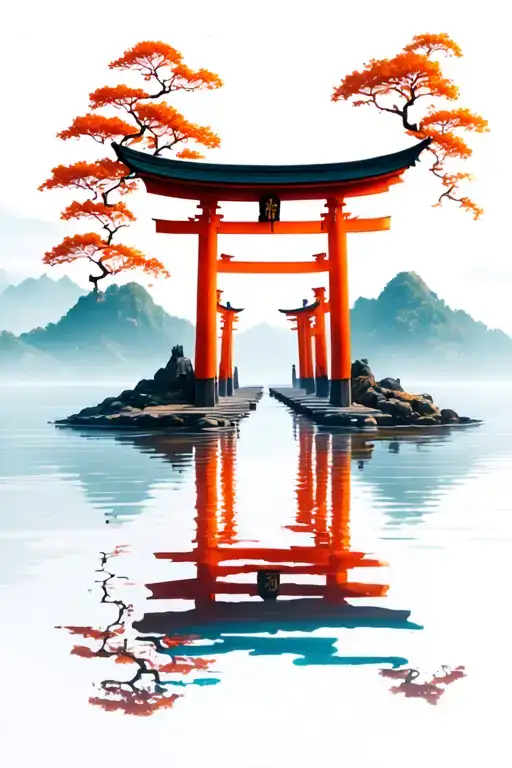 torii gate leading with blurry water reflection at bottom tattoo design idea