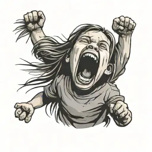 banksy style: angry little girl screaming to someone taller and with her fists behind her back tattoo design idea