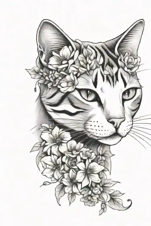cat face with delicate flowers tattoo design idea