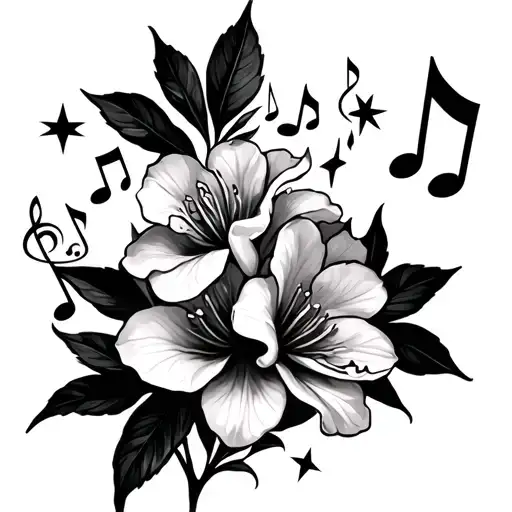 oleander flowers with music notes and stars forming the shape no leaves tattoo design idea