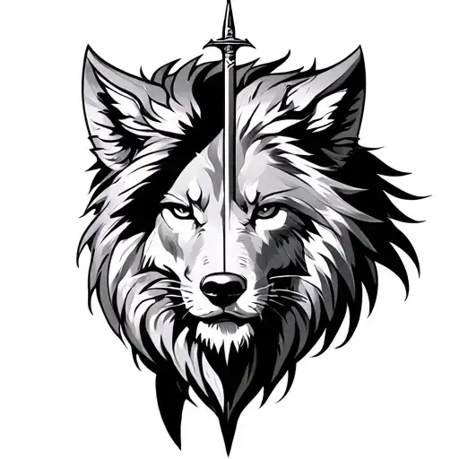 Half Lion Half Wolf and sword in middle part tattoo design idea