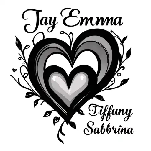 "Jay Emma Tiffany Sabrina" hearts intertwined hearts tattoo design idea