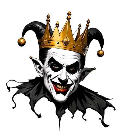 realistic evil jester with golden crown tattoo design idea