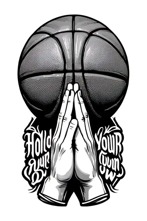 a wilson basketball at the top, under the basketball prayer hands and inside the hands the words "hold your own", under  tattoo design idea