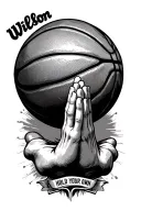 a wilson basketball at the top, under the basketball prayer hands and inside the hands the words "hold your own", under  tattoo design idea