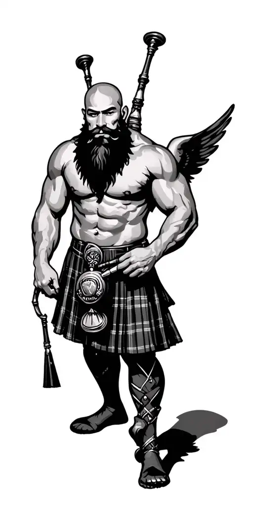 shirtless muscular bagpiper bald black beard wings playing bagpipes in arm tattoo design idea