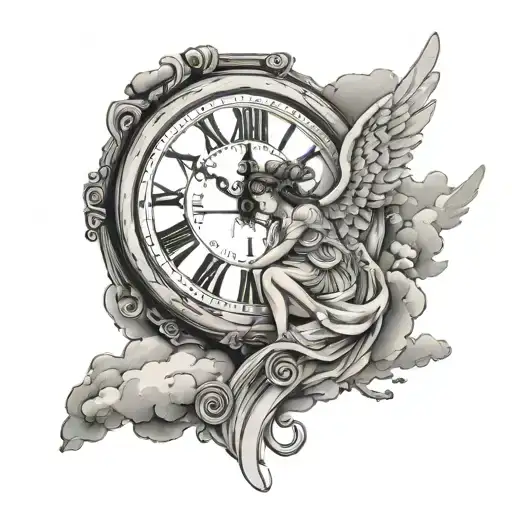 broken clock with an angel with clouds tattoo design idea