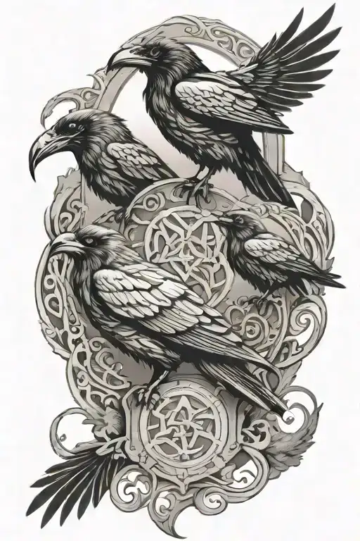 Norse mythology themed tattoo with the ravens of Odin, Huginn, and Munin. tattoo design idea