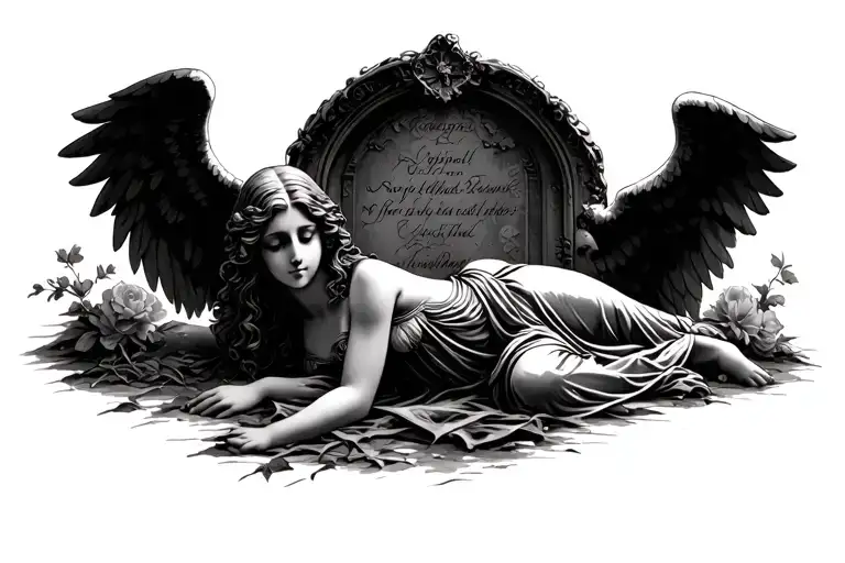 grave stone angel laying tattoo design idea