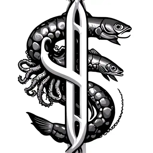 dólar symbol, sea food like shrimp, squid, octopus and fish tattoo design idea