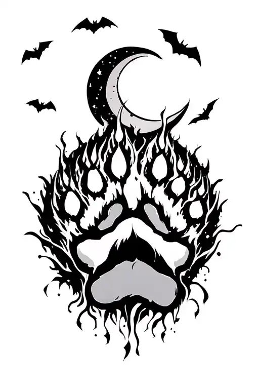 wolf paw print with crescent moon and bats flying across tattoo design idea