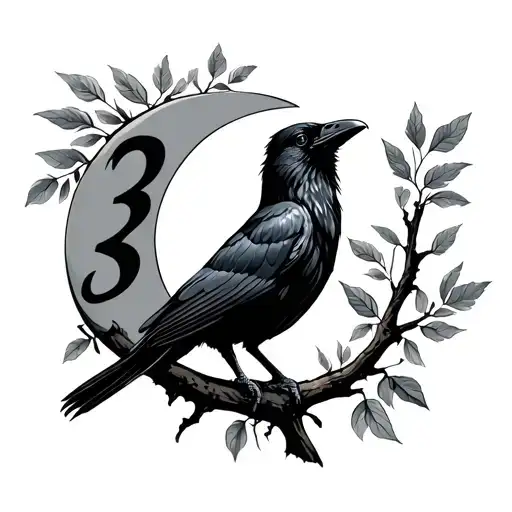 Realistic crow sitting on a branch with leaves and put a black number 3 on a moon in letterman style in the background,  tattoo design idea
