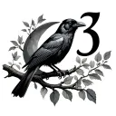Realistic crow sitting on a branch with leaves and put a black number 3 on a moon in letterman style in the background,  tattoo design idea