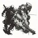 A futuristic Warframe warrior battling against a horde of zombies in a post-apocalyptic setting tattoo design idea