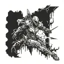 A futuristic Warframe warrior battling against a horde of zombies in a post-apocalyptic setting tattoo design idea