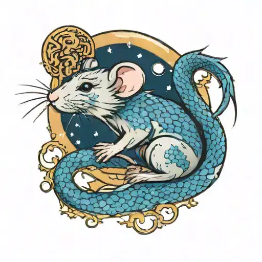 Cute rat with blue scales of chinese dragon playing with the moon in full size tattoo design idea