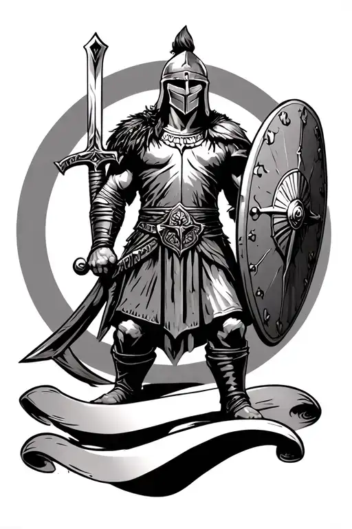 A spartan warrior standing tall with sword and shield looking fierce with a 3 layered scroll at the bottom tattoo design idea