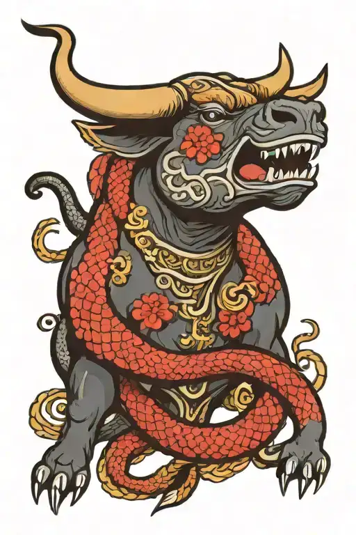 in the style of a traditional japanese tattoo, a bull and a snake. the bull is charging while the snake is curled around tattoo design idea