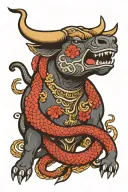 in the style of a traditional japanese tattoo, a bull and a snake. the bull is charging while the snake is curled around tattoo design idea