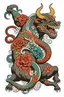 in the style of a traditional japanese tattoo, a bull and a snake. the bull is charging while the snake is curled around tattoo design idea