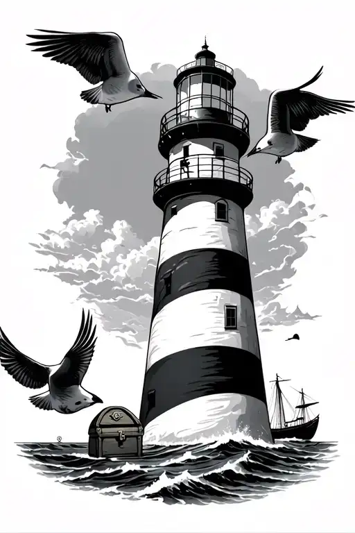 cape hatteras lighthouse guiding ships, anchor, treasure chest, sea gulls tattoo design idea