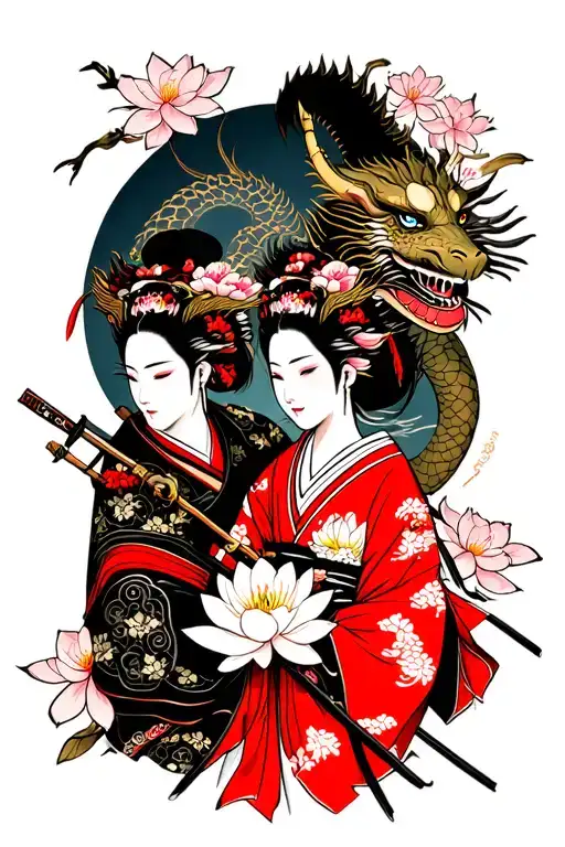 samurai warrior and geisha with sakura lotus and dragon background tattoo design idea