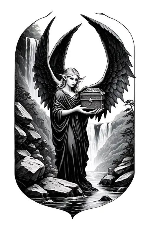 an elf with wings holding a Pandora's box in front of a waterfall and rocks tattoo design idea