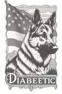 portrait of German shepherd saying "diabetic" mountain scene American flag tattoo design idea