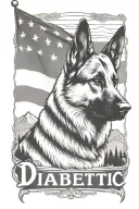 portrait of German shepherd saying "diabetic" mountain scene American flag tattoo design idea