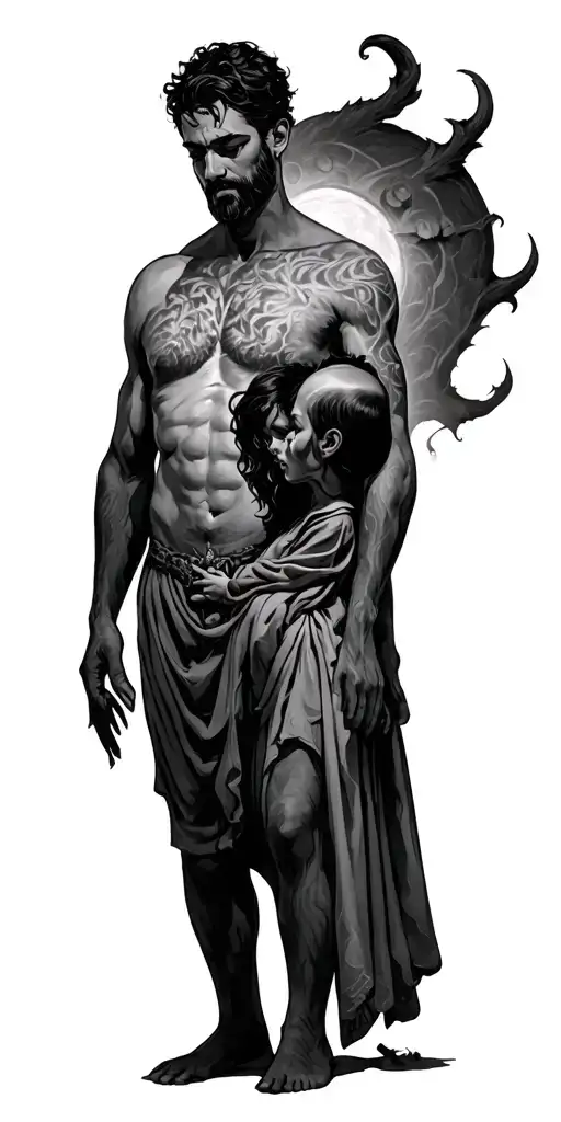 fatherhood protecting his family  from evil tattoo design idea