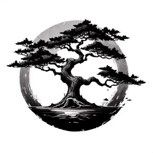 Enso zen circle incomplete at the bottom, brushstroke, simple, with bonsai tree in middle inside circle tattoo design idea