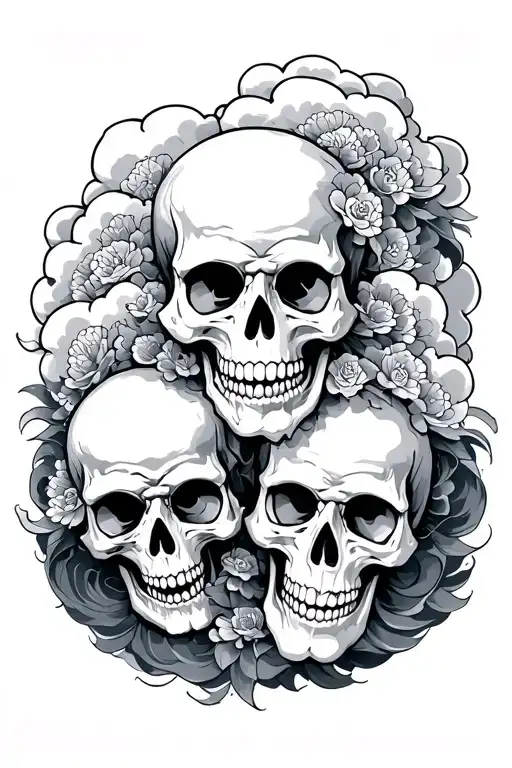 japanese cloudswith skulls surrounded tattoo design idea