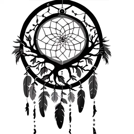 tree of life inside a dream catcher with feathers hanging down and children's names on the string of the feathers tattoo design idea