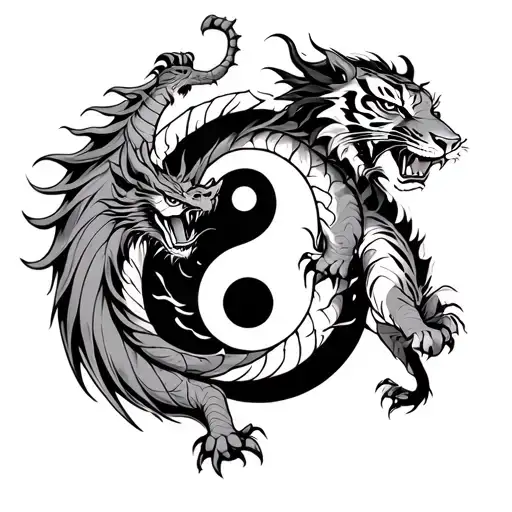 yin yang symbol with dragon and tiger fighting tattoo design idea